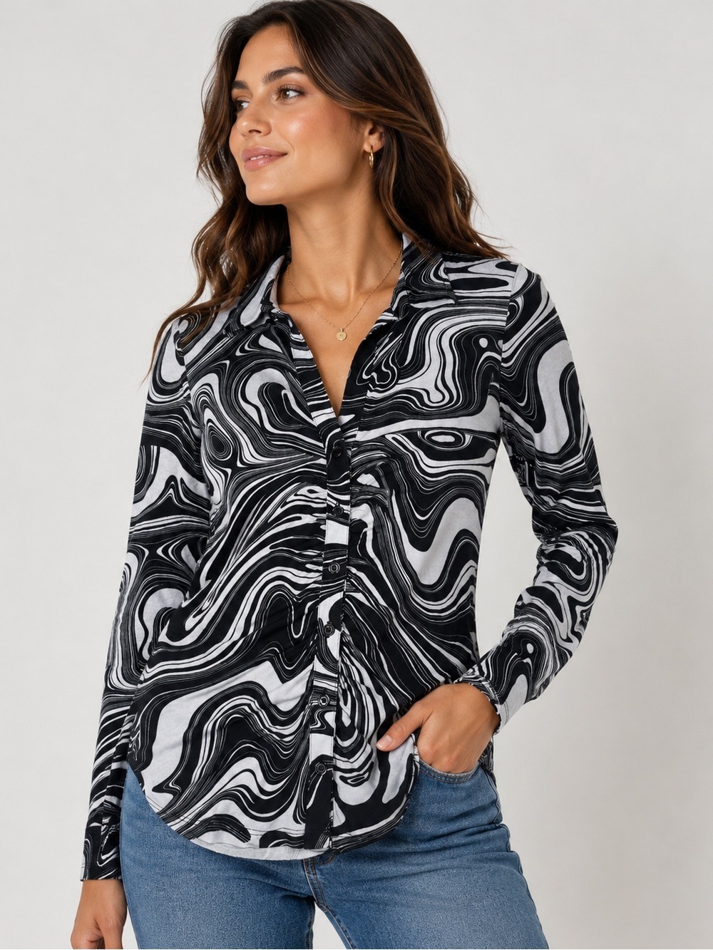 Sanctuary Black & White Marble Swirl Button-Down Shirt Size S
